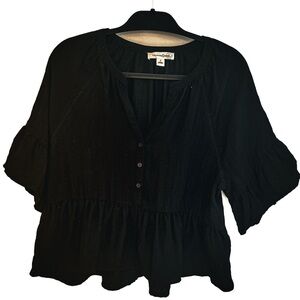 Treasure & Bond Black Peplum Top Small | Boho Summer Blouse Ruffle Hem